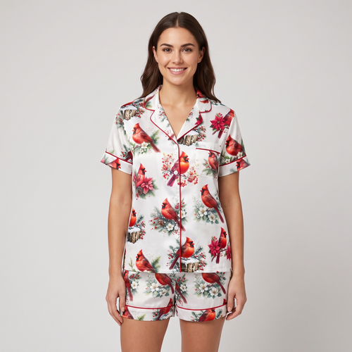 Winter Cardinals Women's Pajama Set - short sleeve and shorts