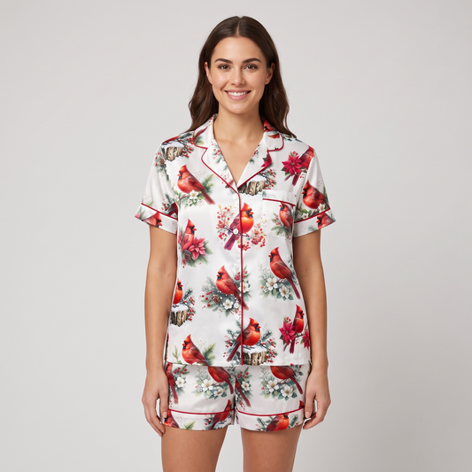 Winter Cardinals Women's Pajama Set - short sleeve and shorts