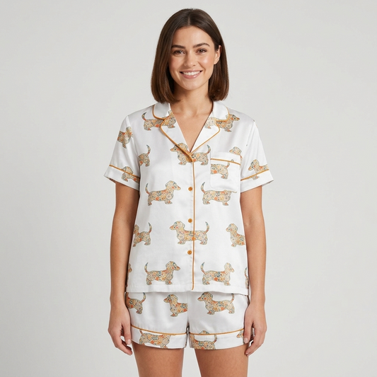 Women's satin pajama set with dachshund silhouettes filled with orange, blue and yellow flowers on white - short sleeve and shorts