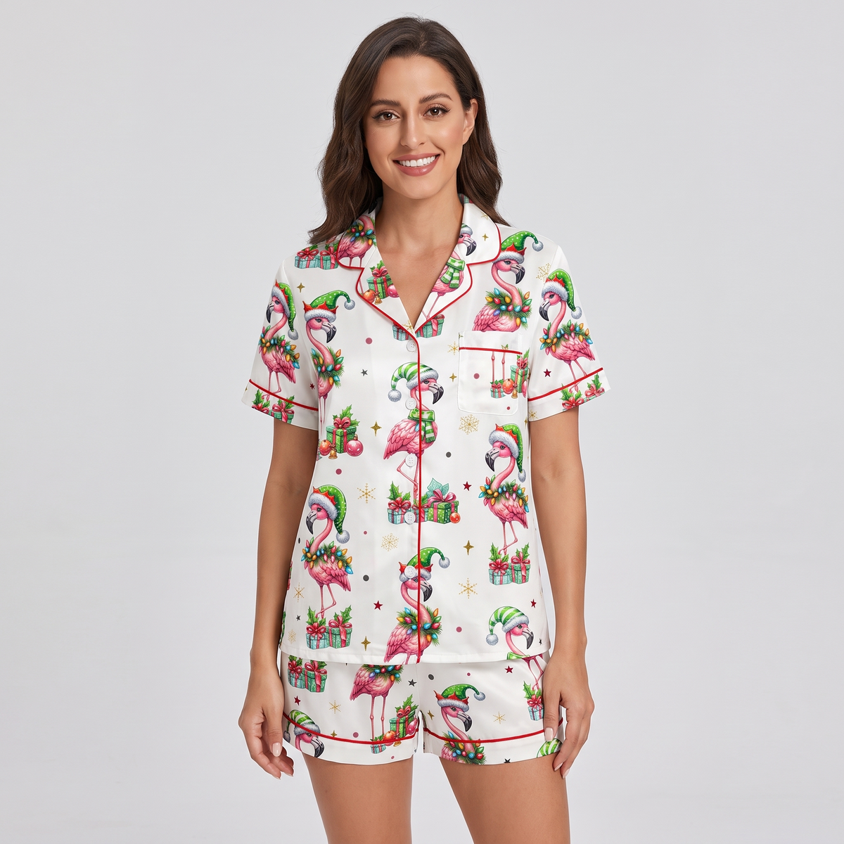 Festive Flamingos Women's Pajama Set - short sleeve and shorts
