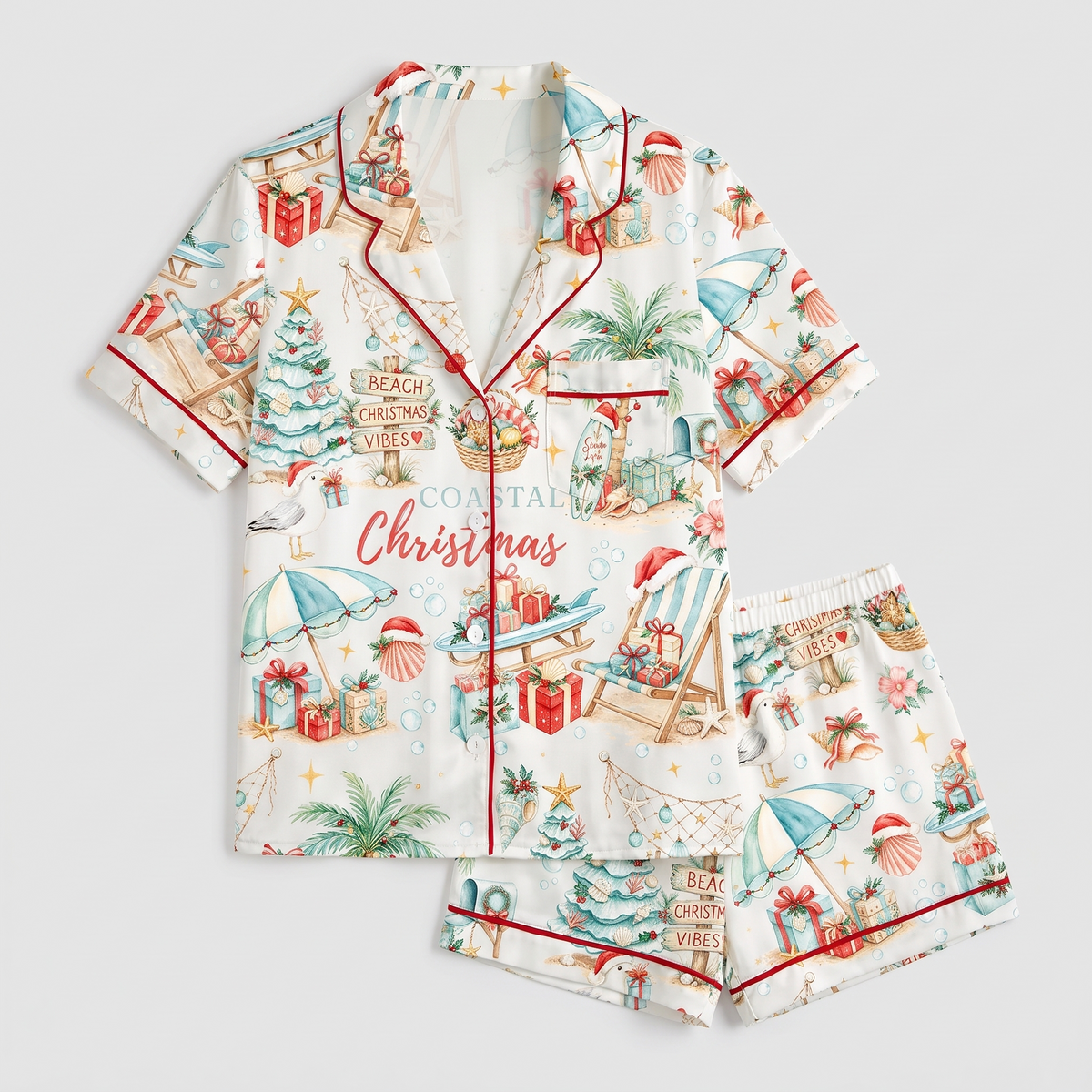Coastal Christmas Seashells Women's Pajama Set - flat lay