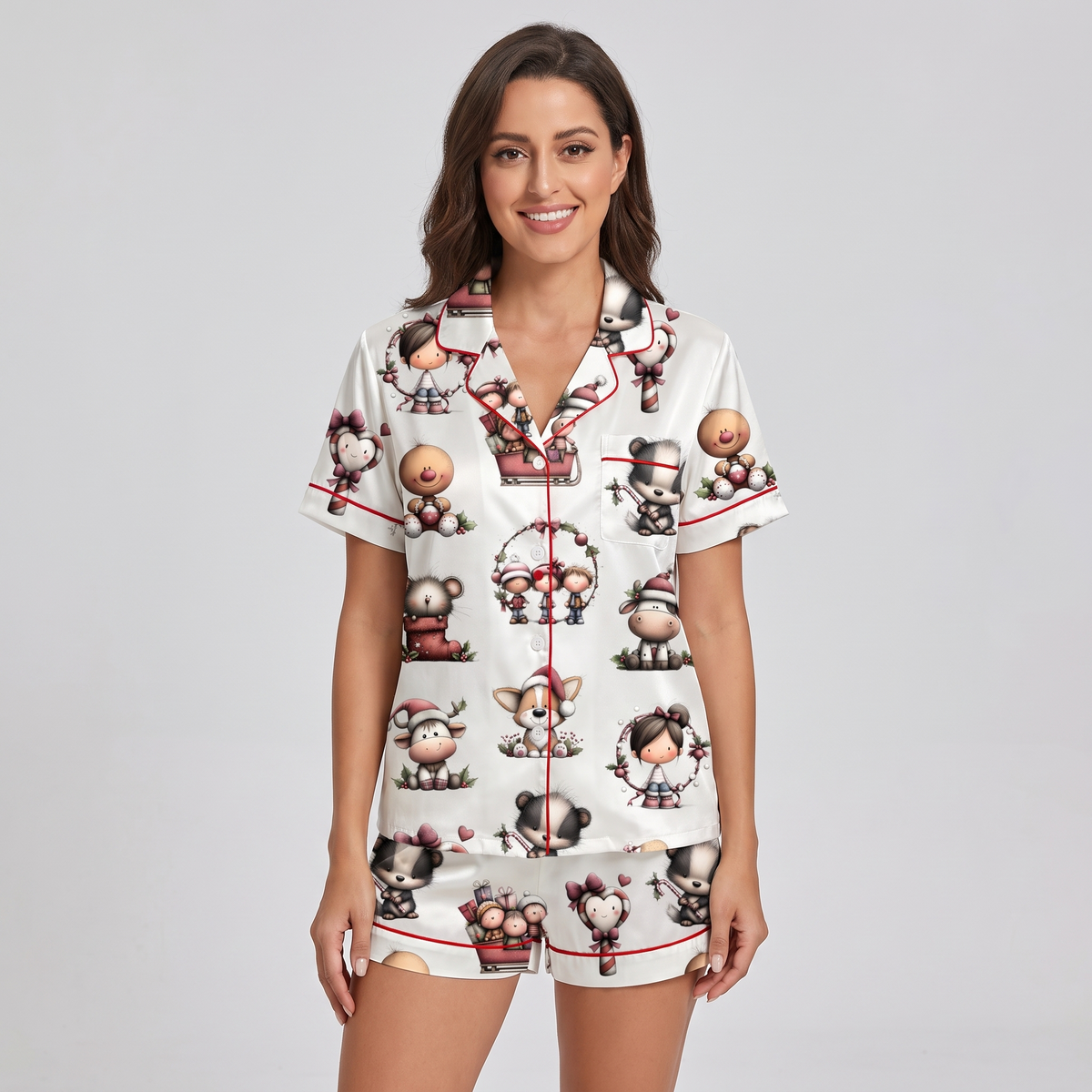 Whimsical Christmas Critters Women's Pajama Set - short sleeve and shorts