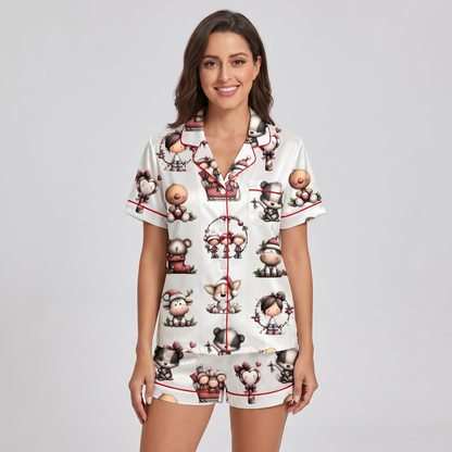Whimsical Christmas Critters Women's Pajama Set - short sleeve and shorts