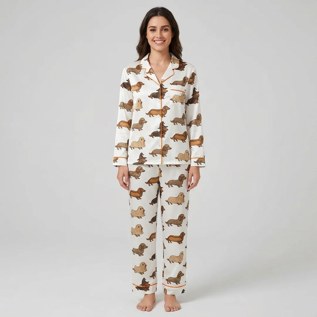 Women's satin pajama set with dachshunds dressed as ghosts, mummies and witches on creamy white with orange piping - long sleeve and pants