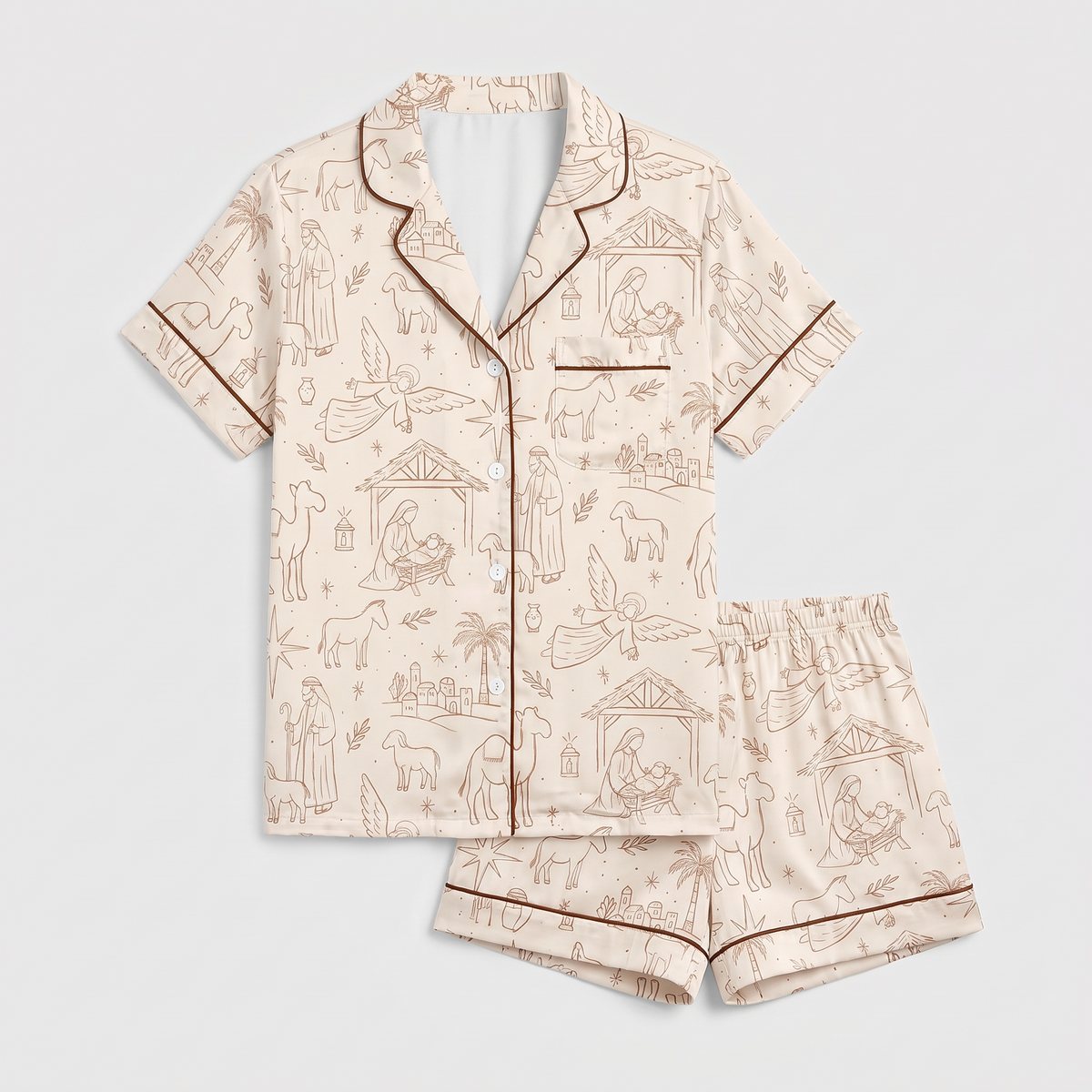 Line Art Nativity Women's Pajama Set - flat lay