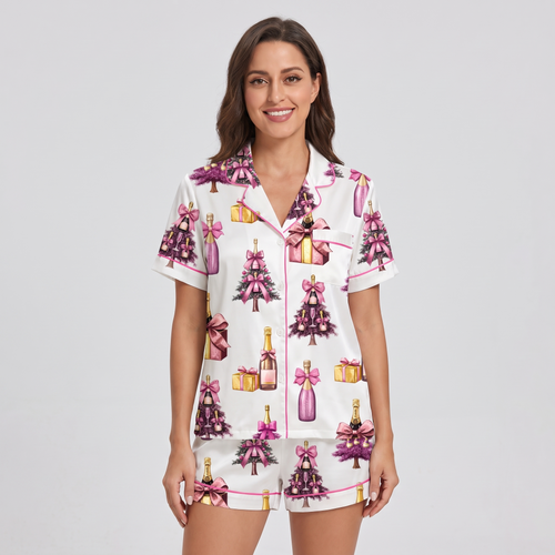 Pink Champagne Trees Women's Pajama Set - short sleeve and shorts