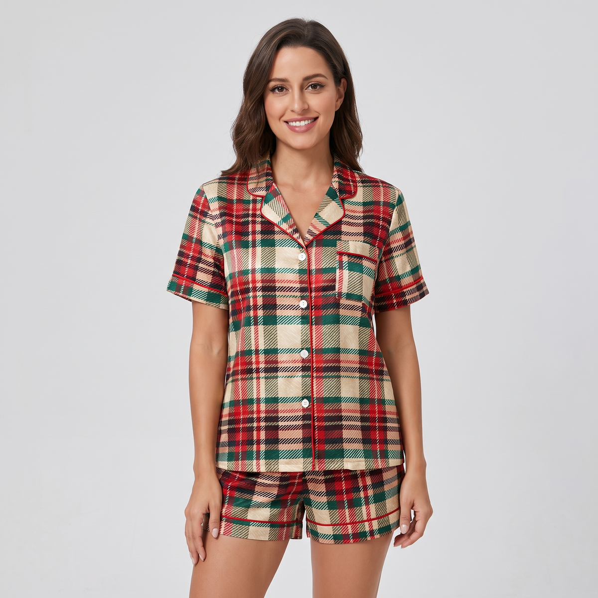 Cream Christmas Plaid Women's Pajama Set - short sleeve and shorts