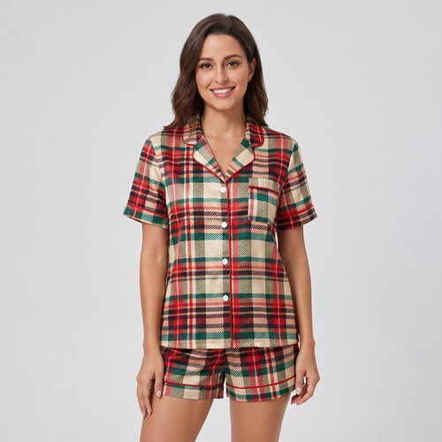 Cream Christmas Plaid Women's Pajama Set - short sleeve and shorts