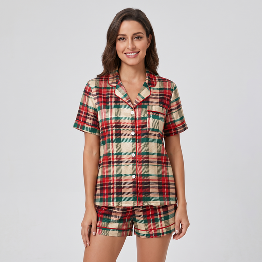 Cream Christmas Plaid Women's Pajama Set - short sleeve and shorts