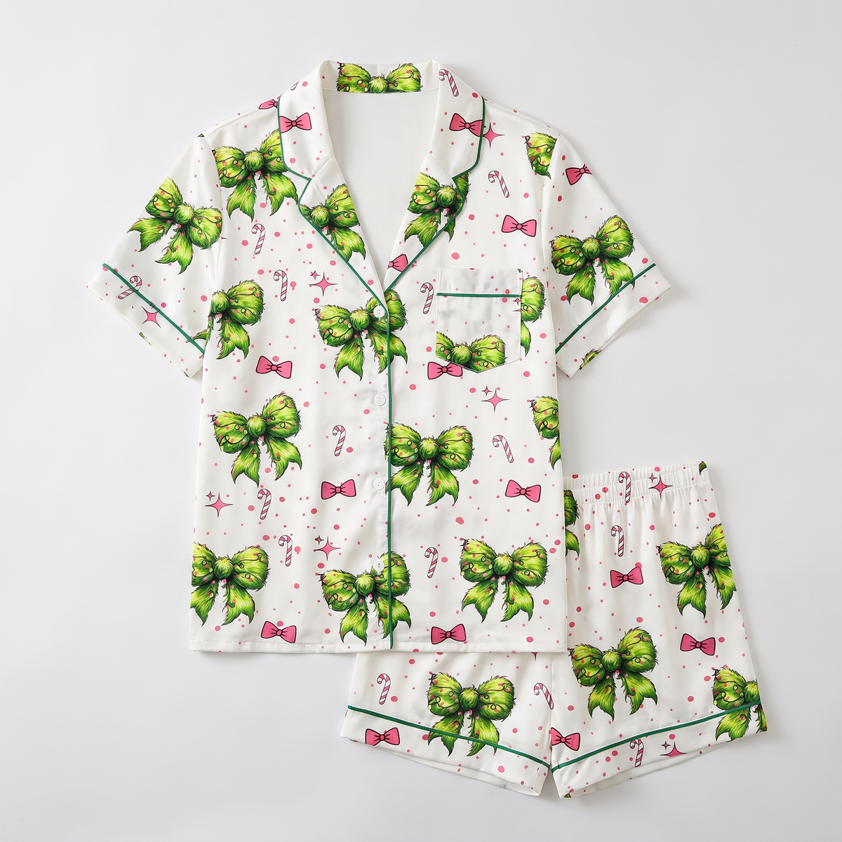 Lime Bows & Ornaments Women's Pajama Set - flat lay