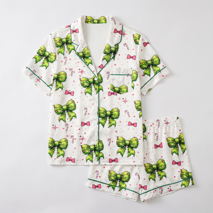 Lime Bows & Ornaments Women's Pajama Set - flat lay