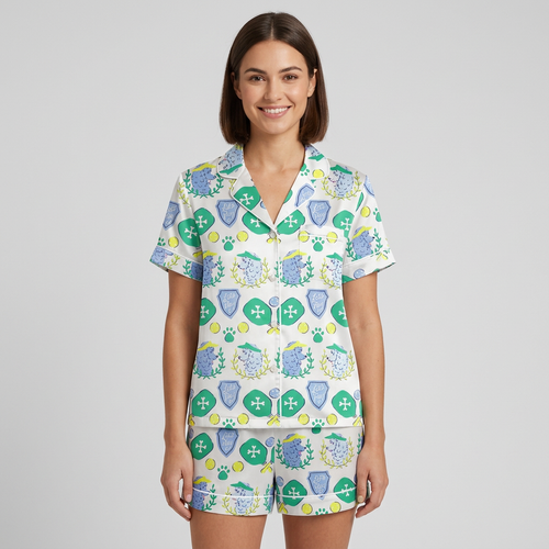 Women's satin pajama set with laurel-wreathed poodles in sun visors with paddles and balls on white - short sleeve and shorts