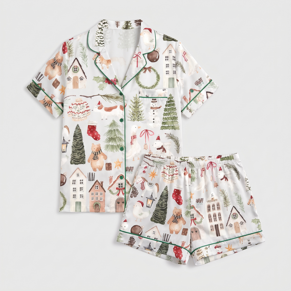 Tiny Watercolor Village Women's Pajama Set - flat lay