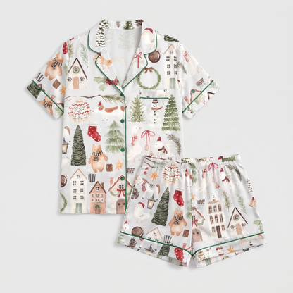 Tiny Watercolor Village Women's Pajama Set - flat lay