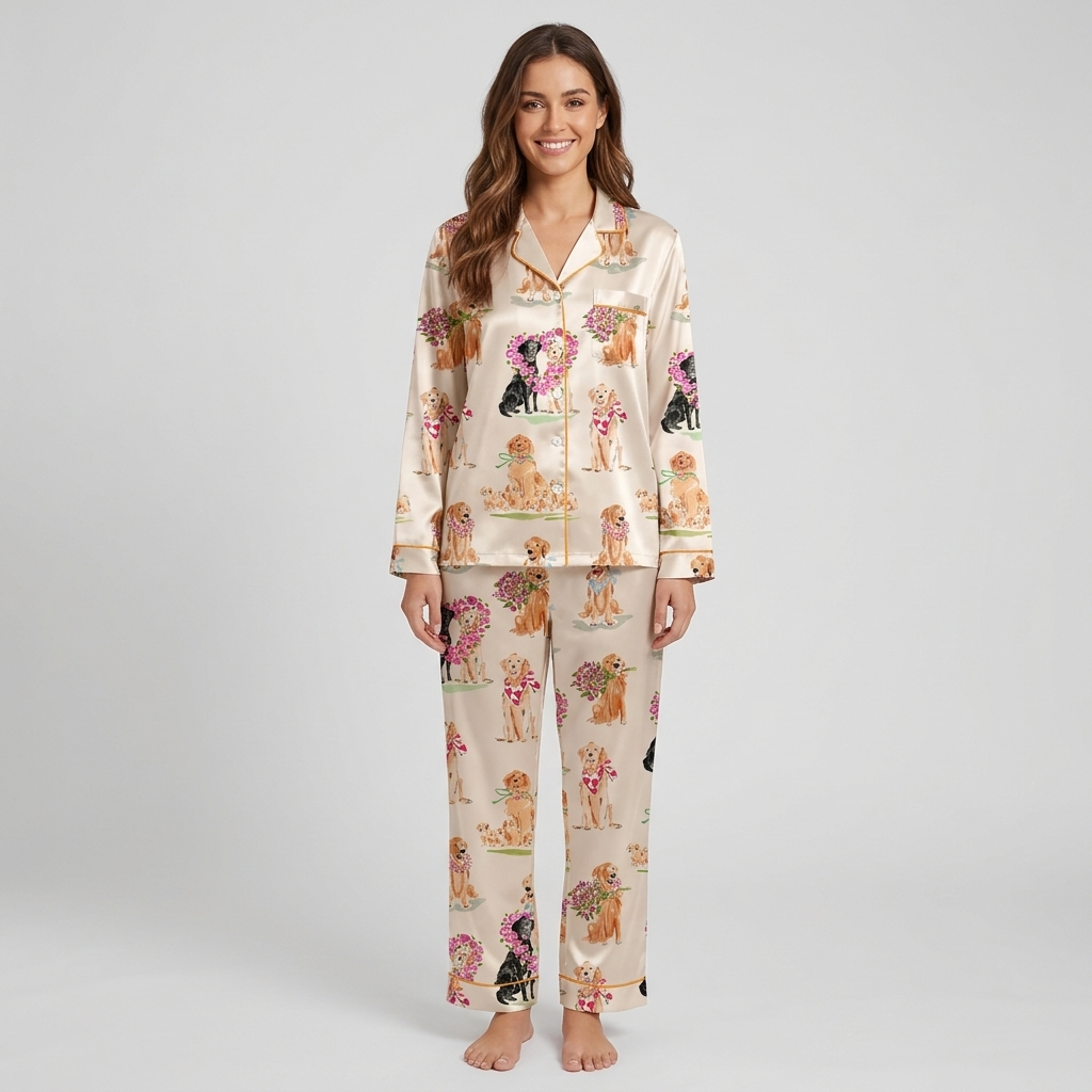 Women's satin pajama set with golden retrievers and a black Lab holding pink roses in flower hearts on cream - long sleeve and pants