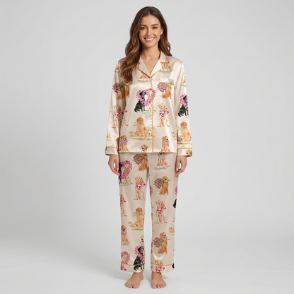 Women's satin pajama set with golden retrievers and a black Lab holding pink roses in flower hearts on cream - long sleeve and pants