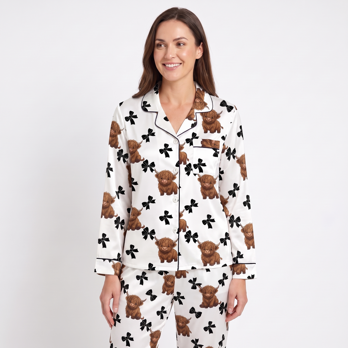 Highland Cows & Bows Women's Pajama Set - long sleeve and pants