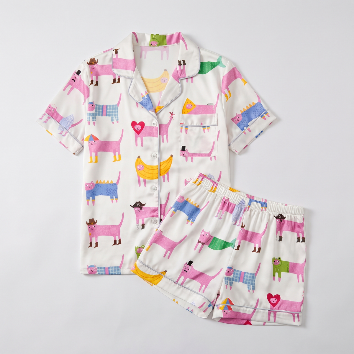 Pink Cat Parade Women's Pajama Set - flat lay