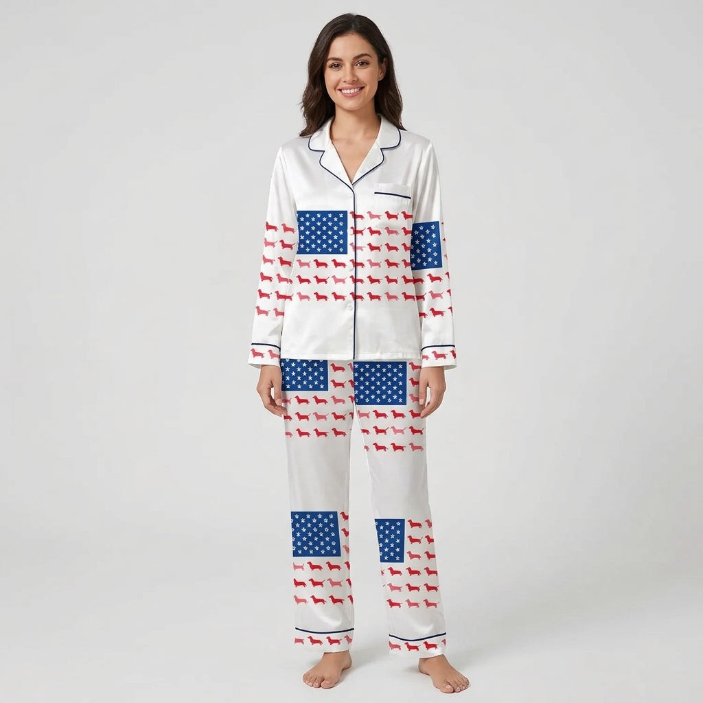 Women's satin pajama set with a flag of paw prints and red dachshunds across the chest on white - long sleeve and pants