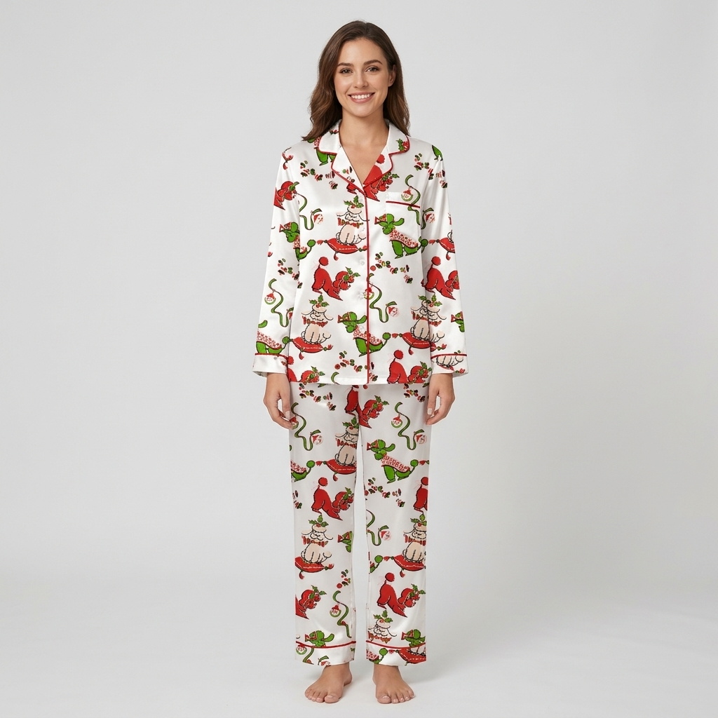 Women's satin pajama set with red and green poodles with holly and candy canes on white - long sleeve and pants