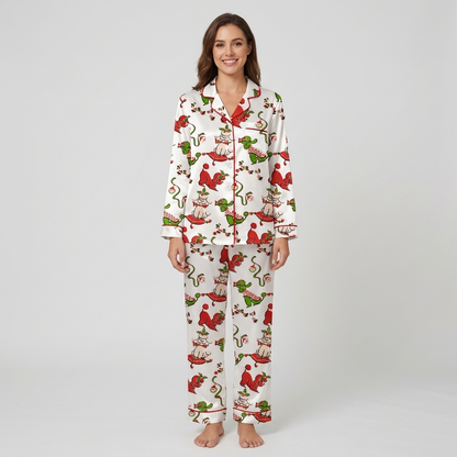 Women's satin pajama set with red and green poodles with holly and candy canes on white - long sleeve and pants