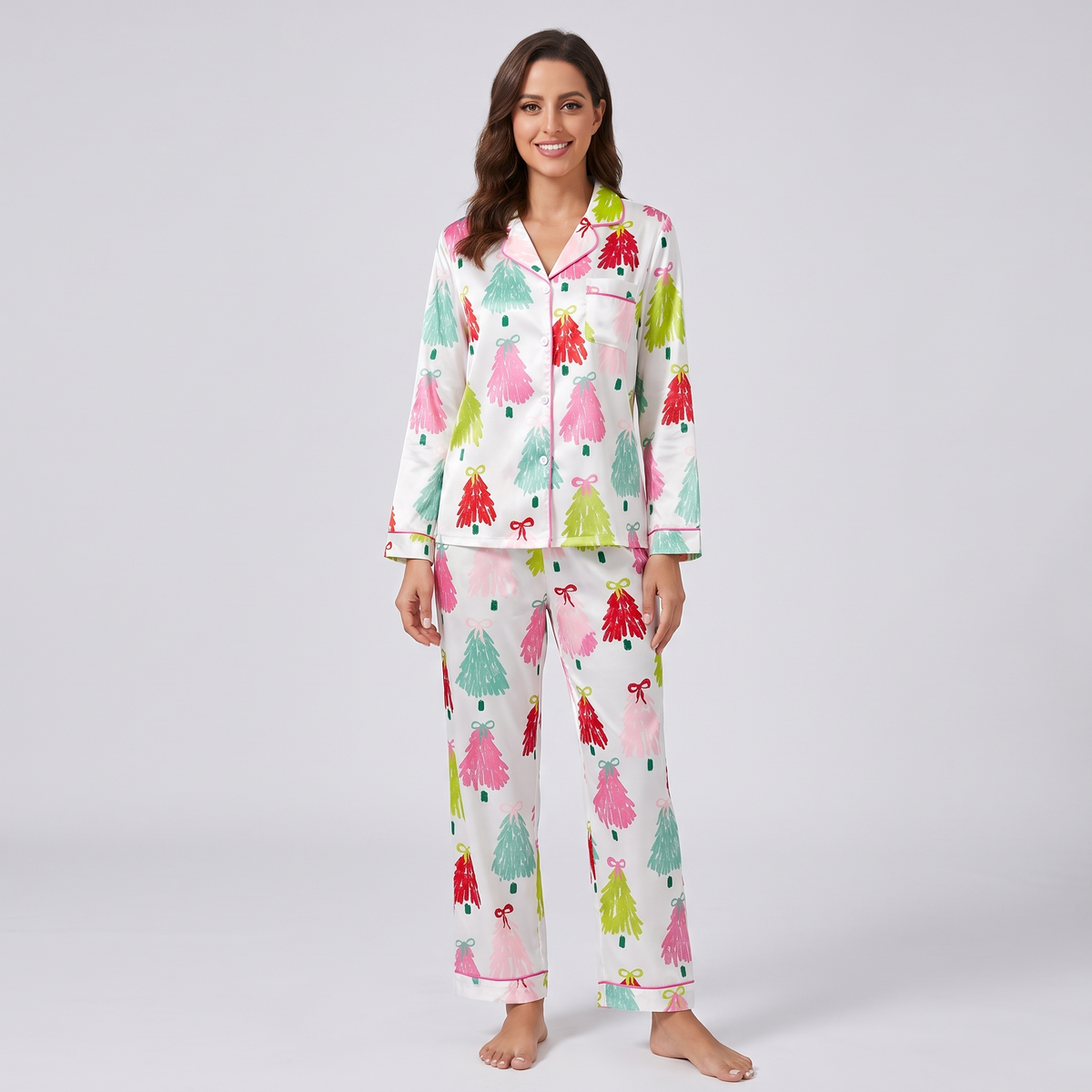 Pink, Green & Red Trees Women's Pajama Set - long sleeve and pants