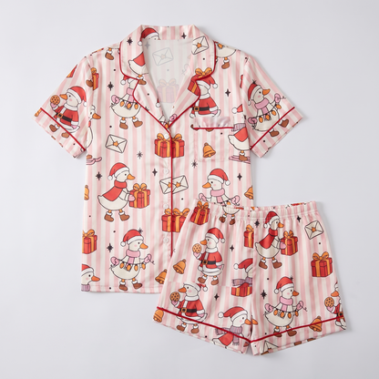Silly Santa Geese Women's Pajama Set - flat lay