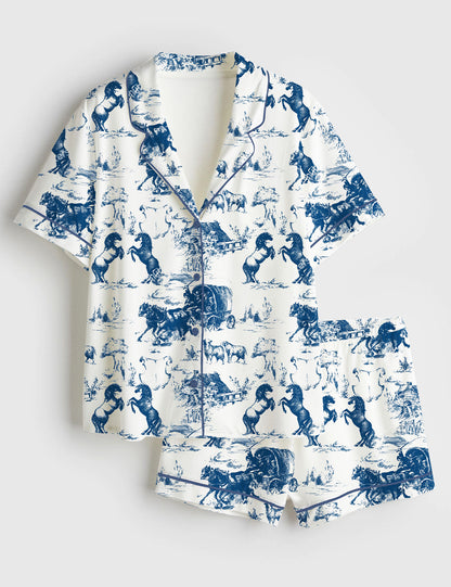 Prairie Wagon Blue Horse Women's Pajama Set - flat lay