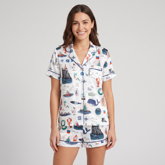 Coastal Christmas Nautical Women's Pajama Set - short sleeve and shorts