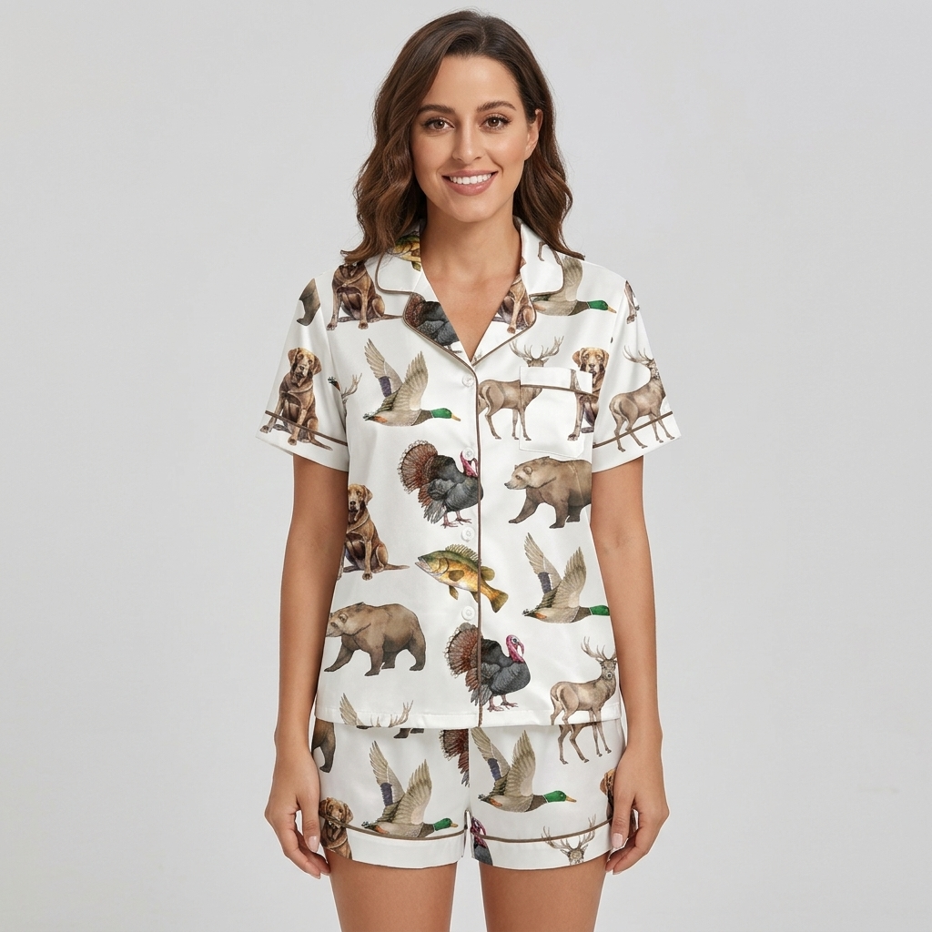 Women's satin pajama set with chocolate and yellow Labradors, mallards, deer, bears and bass on white - short sleeve and shorts