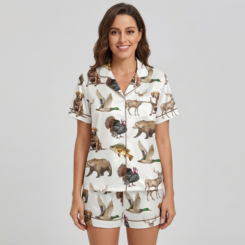 Women's satin pajama set with chocolate and yellow Labradors, mallards, deer, bears and bass on white - short sleeve and shorts