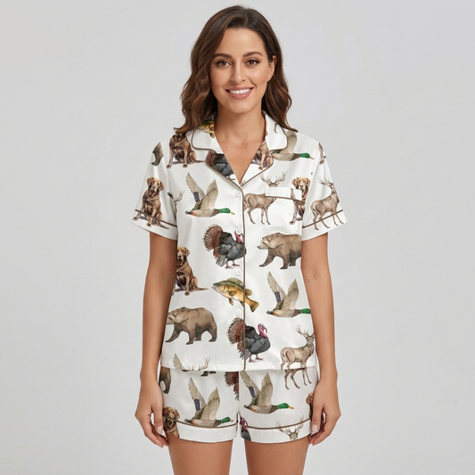 Women's satin pajama set with chocolate and yellow Labradors, mallards, deer, bears and bass on white - short sleeve and shorts