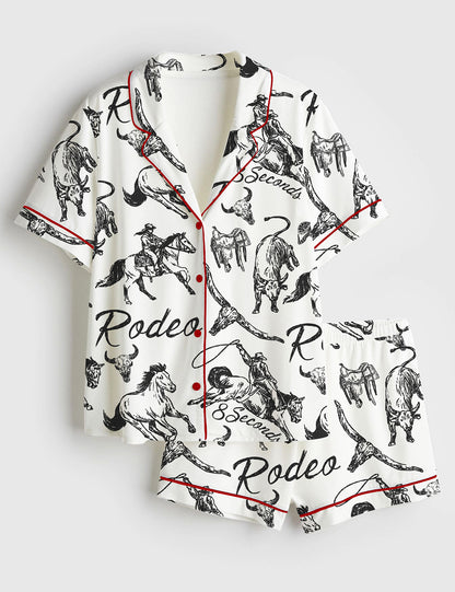 Black Ink Rodeo Horse Women's Pajama Set - flat lay