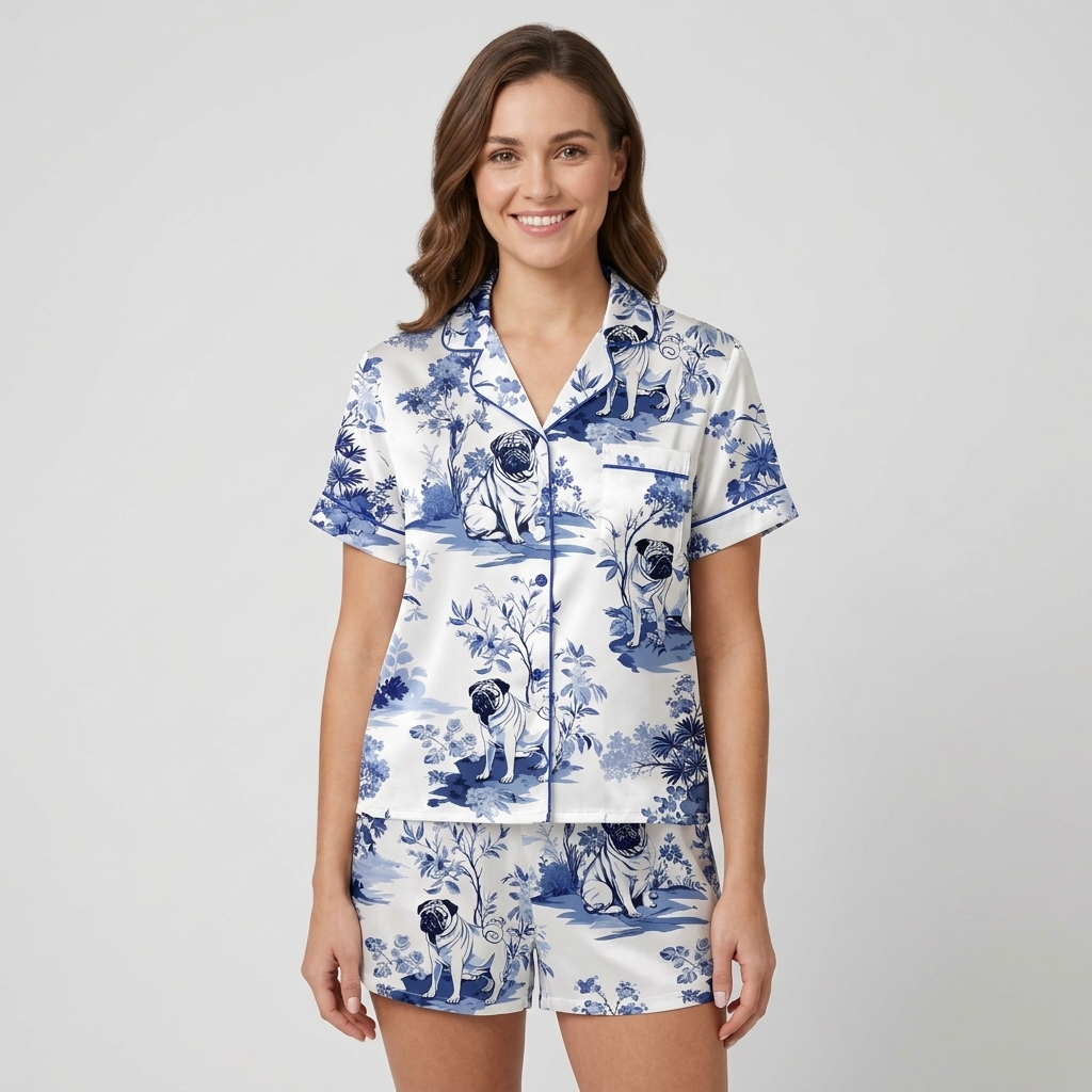 Women's satin pajama set with pugs among deep blue flowers and trees in a classic toile pattern on white - short sleeve and shorts