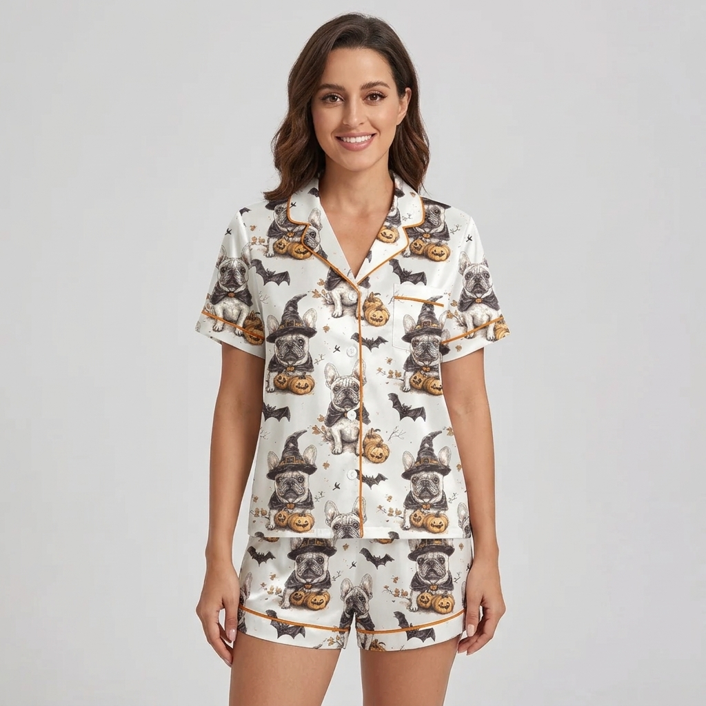 Women's satin pajama set with French bulldogs in witch hats beside jack-o'-lanterns and bats on white with orange piping - short sleeve and shorts