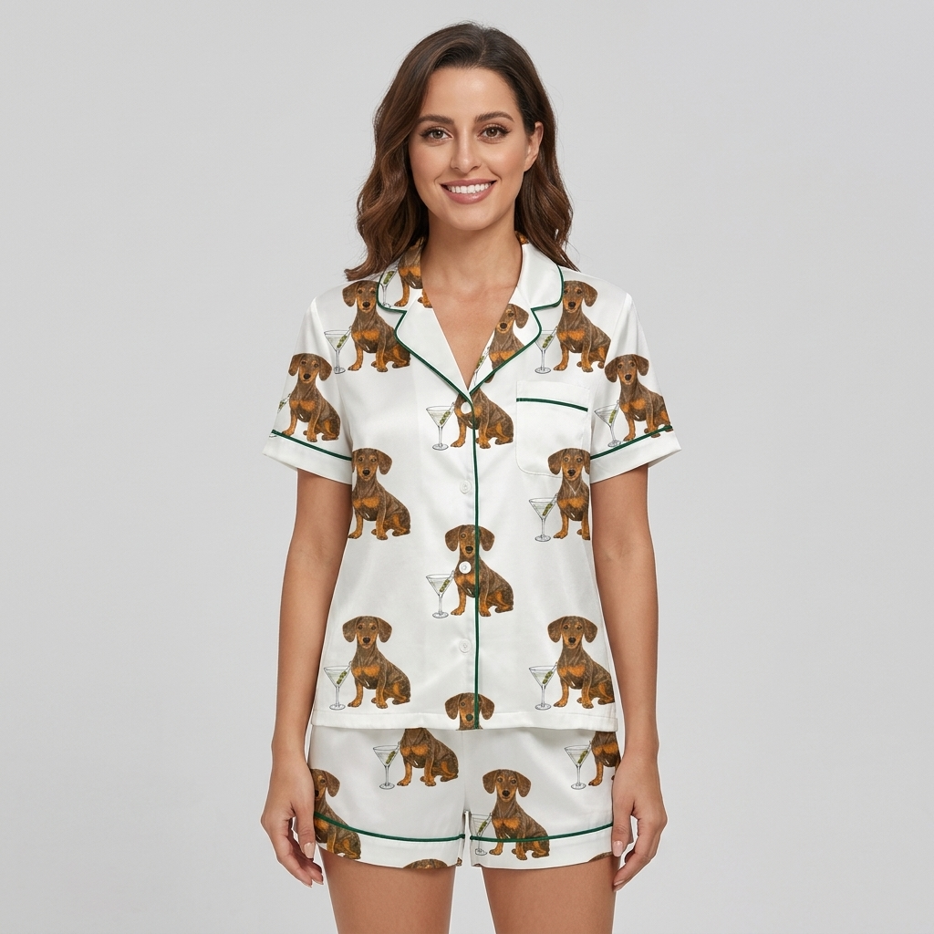 Women's satin pajama set with dachshunds beside martini glasses with olives on white with green piping - short sleeve and shorts