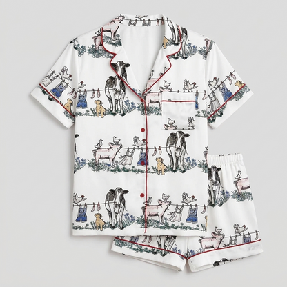 Women's long-sleeve satin pajama set with dogs, cows, sheep and pigs in a pen-and-ink barnyard on white - flat lay