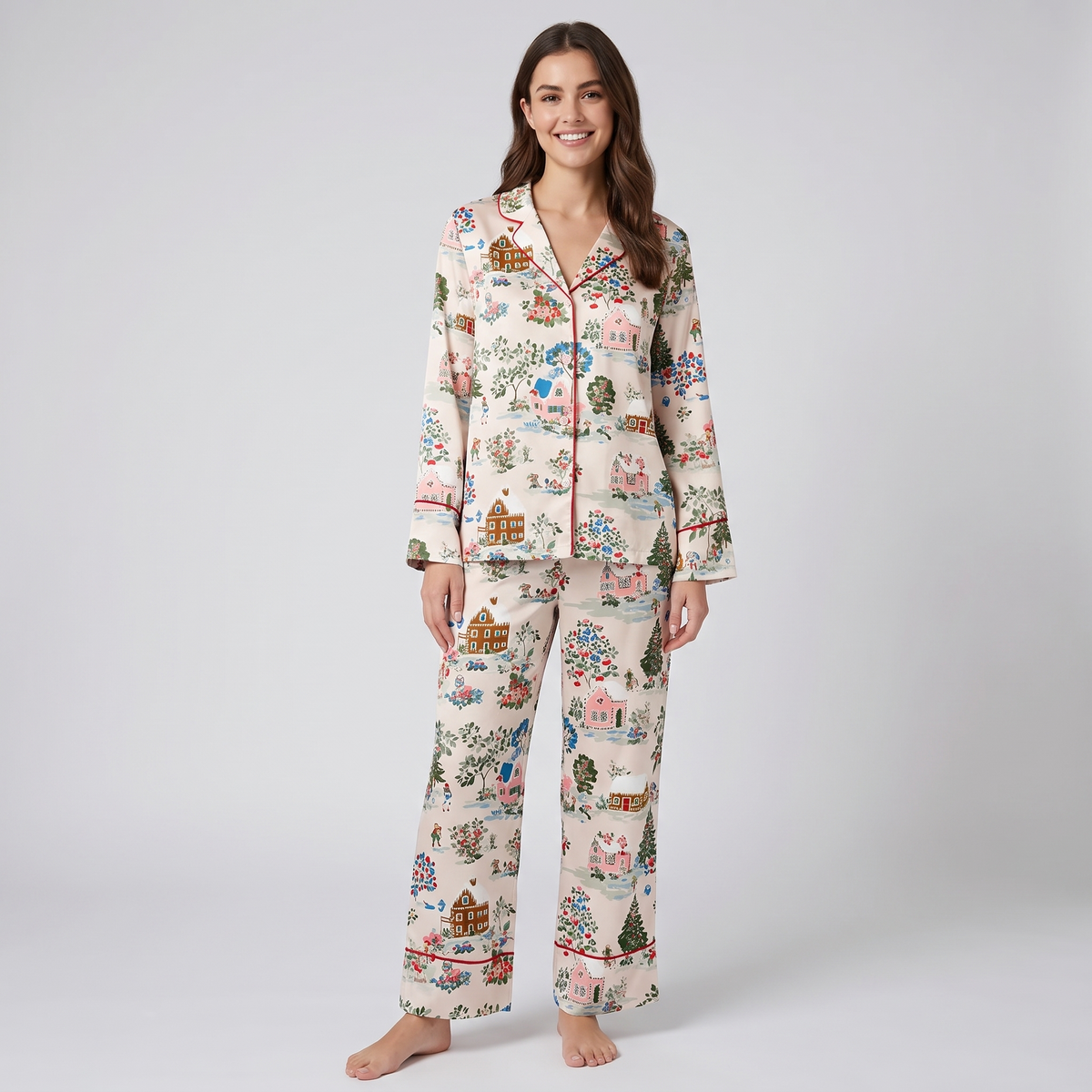 Cottage Christmas Village Women's Pajama Set - long sleeve and pants