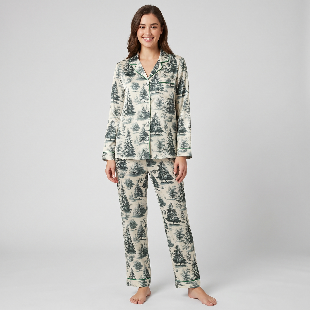 Green Toile Forest Women's Pajama Set - long sleeve and pants