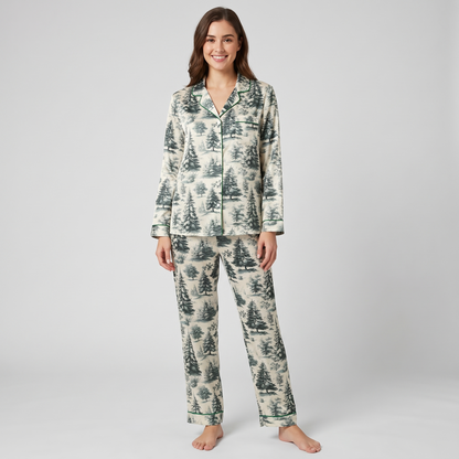 Green Toile Forest Women's Pajama Set - long sleeve and pants