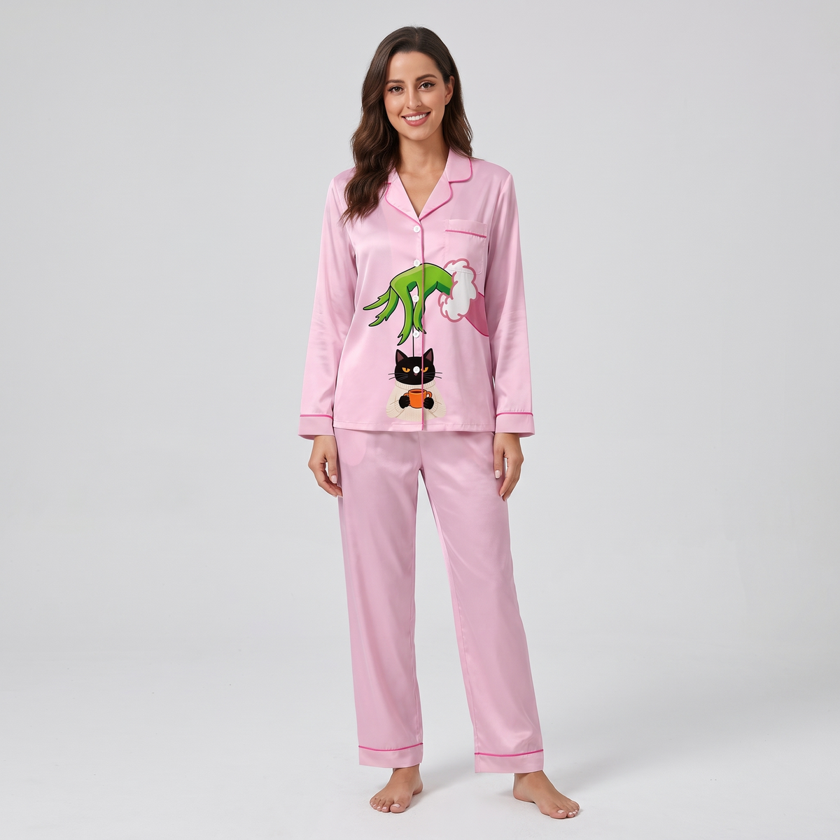 Mean One Black Cat Inspired Women's Pajama Set - long sleeve and pants