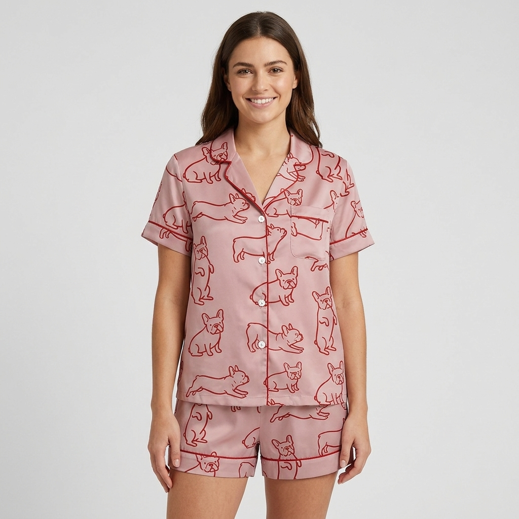 Women's satin pajama set with red line-art French bulldogs on dusty pink - short sleeve and shorts