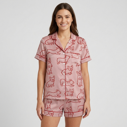 Women's satin pajama set with red line-art French bulldogs on dusty pink - short sleeve and shorts