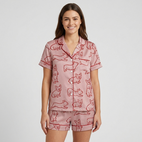 Women's satin pajama set with red line-art French bulldogs on dusty pink - short sleeve and shorts