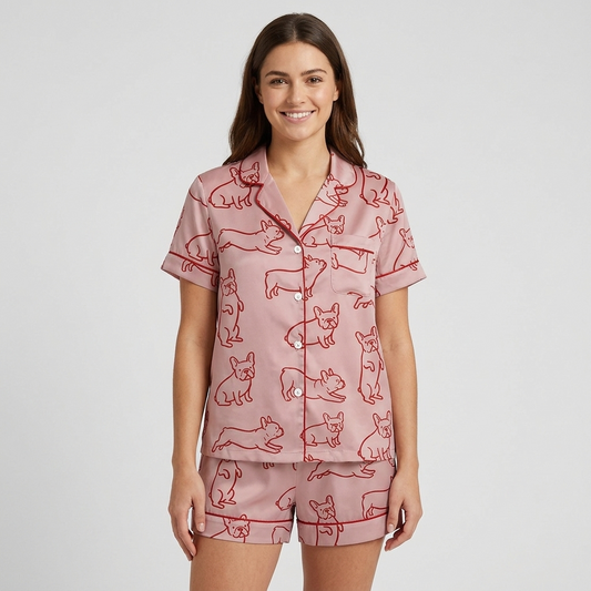 Women's satin pajama set with red line-art French bulldogs on dusty pink - short sleeve and shorts