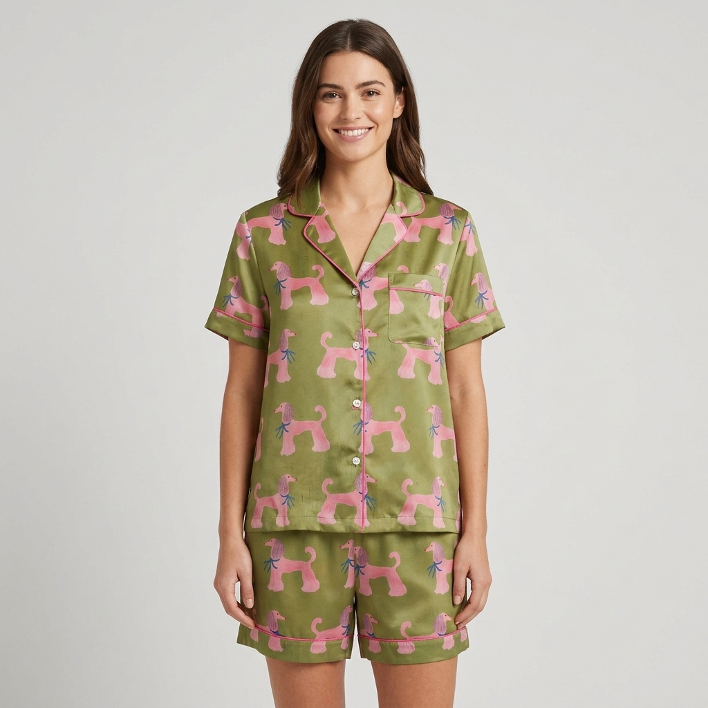 Women's satin pajama set with pink poodles in blue bow ties on olive green - short sleeve and shorts