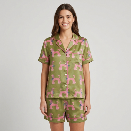 Women's satin pajama set with pink poodles in blue bow ties on olive green - short sleeve and shorts