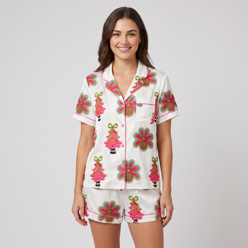 Hot Pink Christmas Trees Women's Pajama Set - short sleeve and shorts