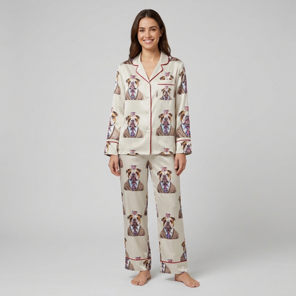 Women's satin pajama set with an English bulldog in a tweed jacket balancing a teacup on cream - long sleeve and pants