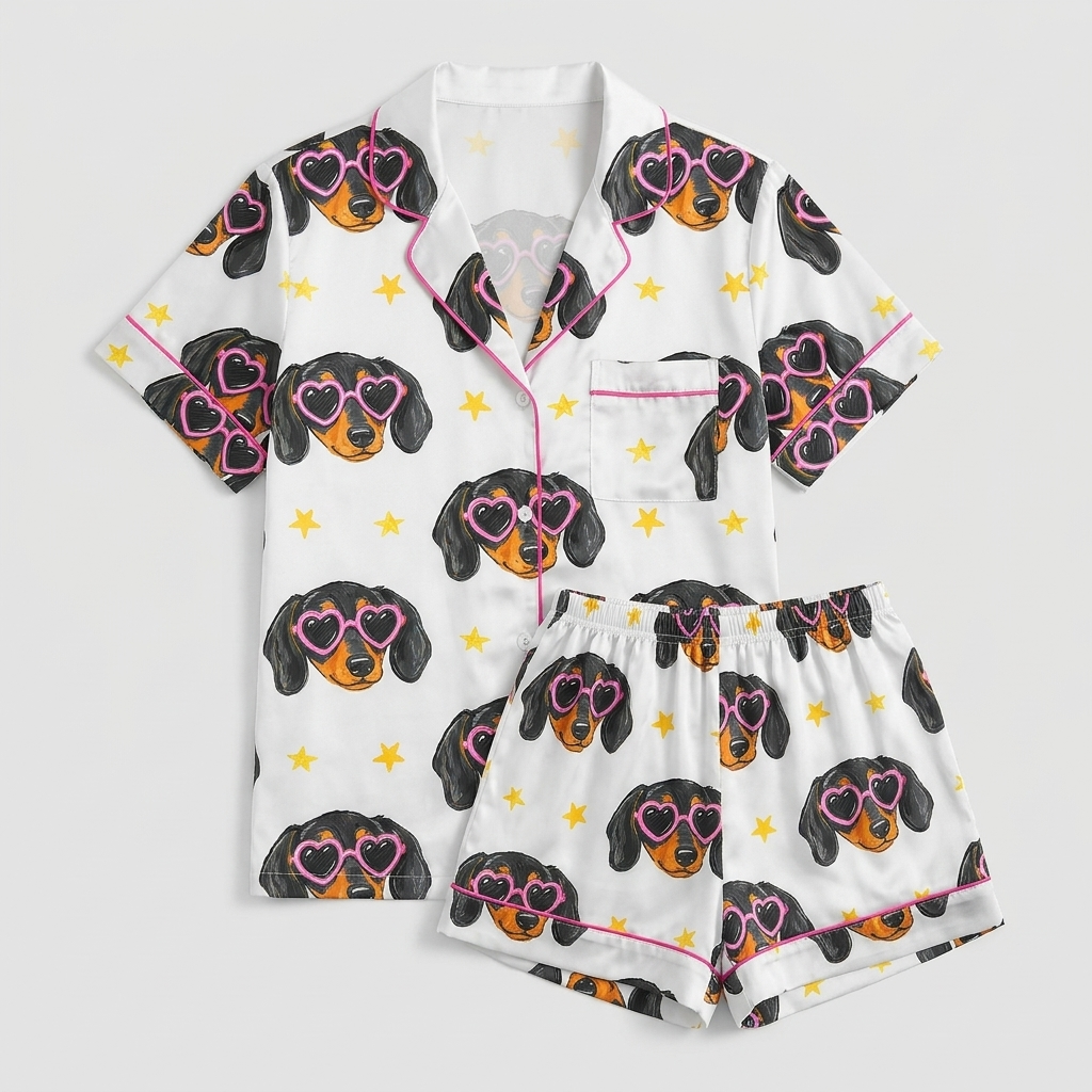Women's satin pajama set with black-and-tan dachshund faces in pink heart sunglasses and gold stars on white - flat lay